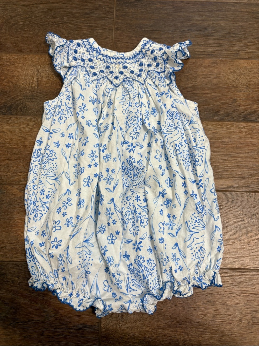 Le’ Za Me Blue & White Floral Smocked Bubble One-Piece 9M